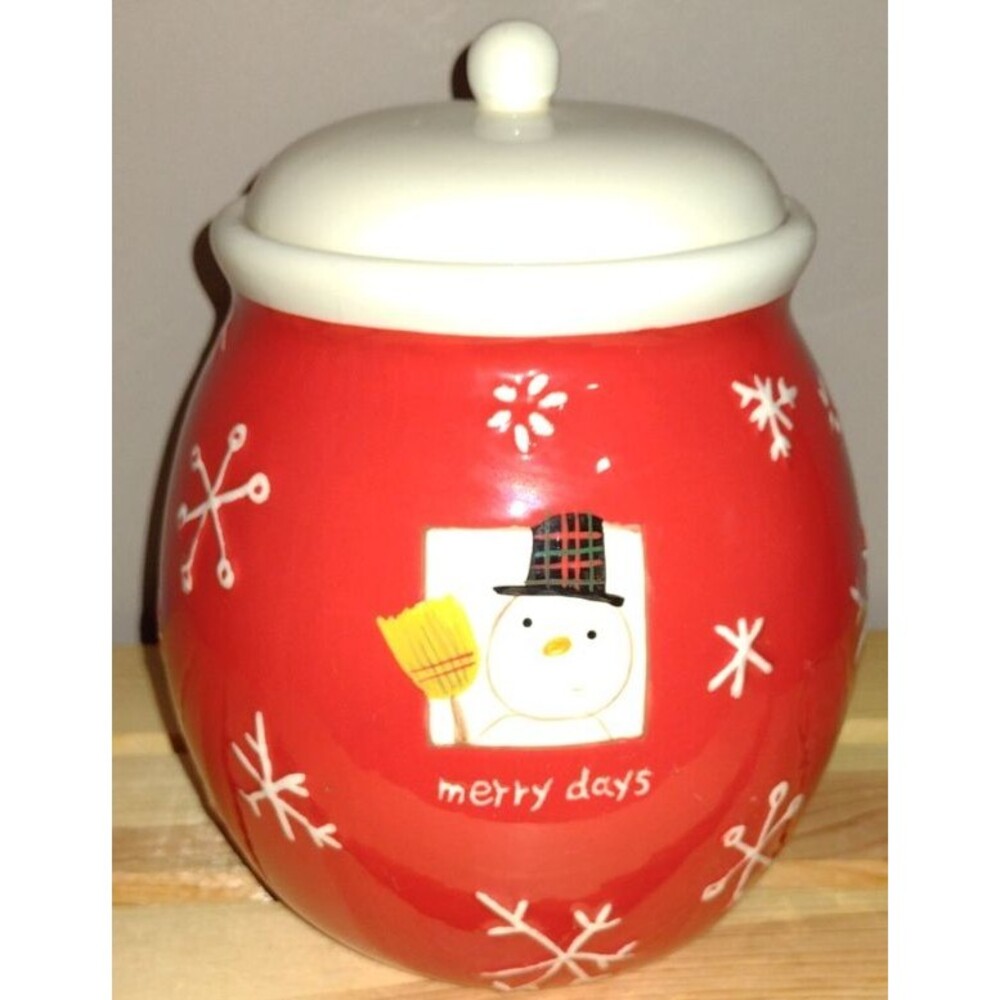 Christmas Hallmark Merry Days Cookie Jar Canister Red White Snowman Snowflake
